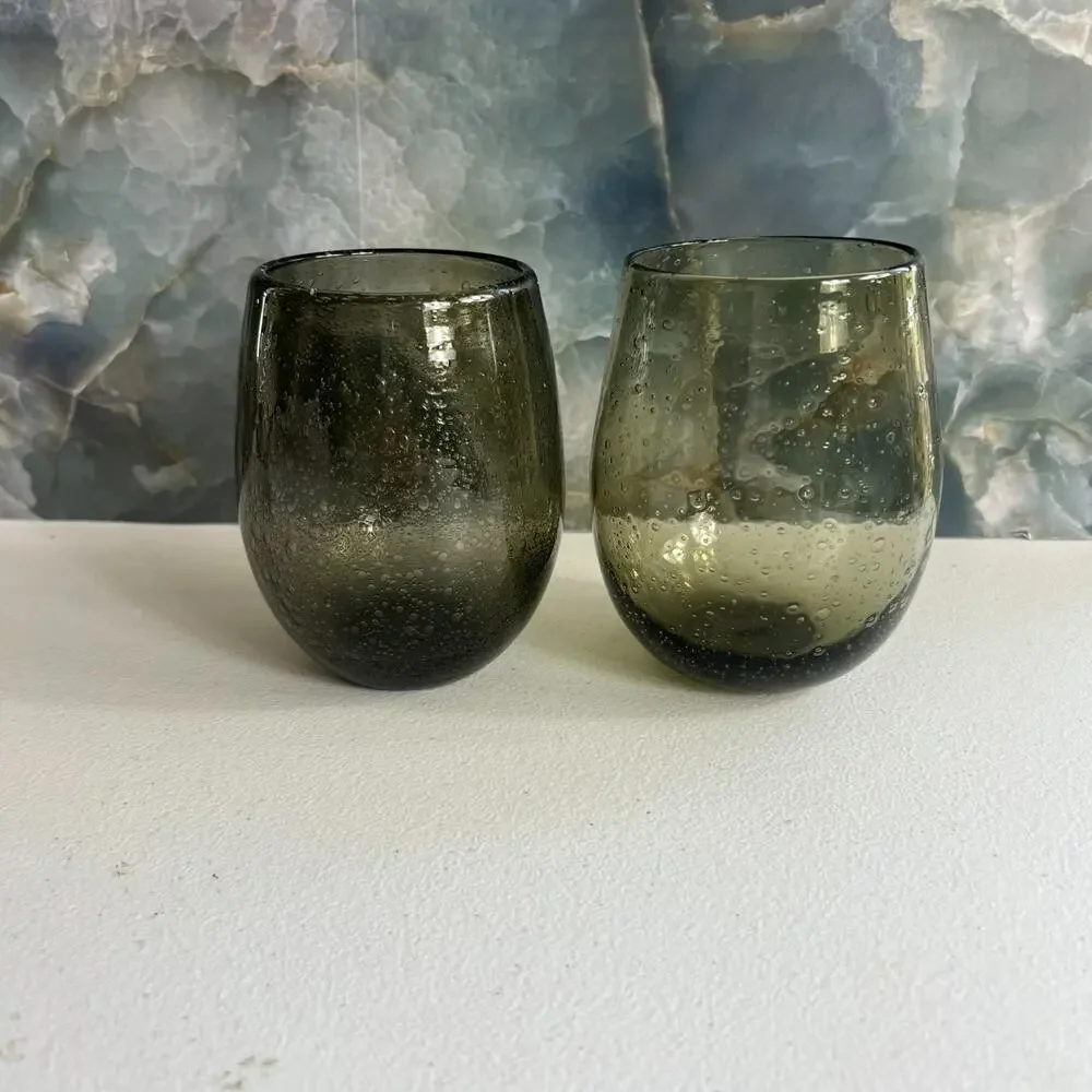 Green Smoke Bubble Glass Stemless Wine Artisan Glass Set of 2